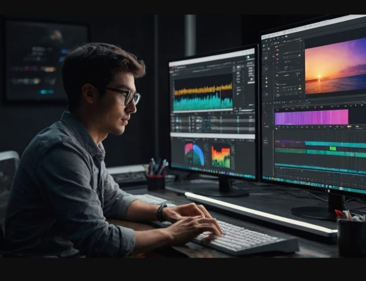 Professional video editor working on editing software